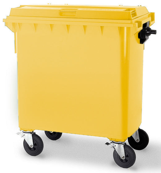 Large plastic UV resistant 4 wheeled bin in yellow