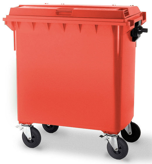 Large plastic 4 wheeled bin with side trunnions and castor wheels, 2 with brakes