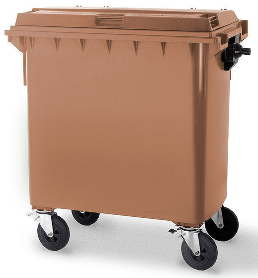 Brown 660 litre wheeliebin with lid closed, side trunnions and black sold rubber wheel