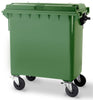 Large 4 wheeled bin in green with 4 castor wheels and lid closed