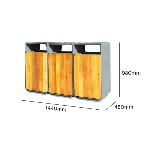 Triple Recycling Bin with Iroko Wood Panels - 336 Litres