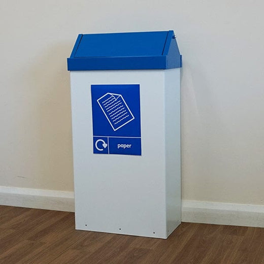 Swing top recycling bin with white body, blue lid and blue paper graphic on the front of the bin