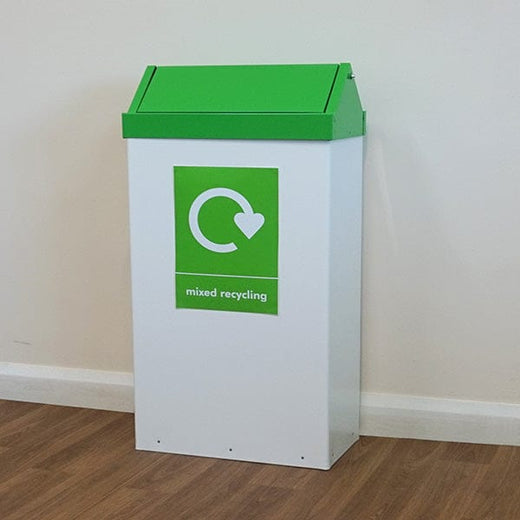 Mixed recycling swing top bin with green lid and graphic with a white powder coated body