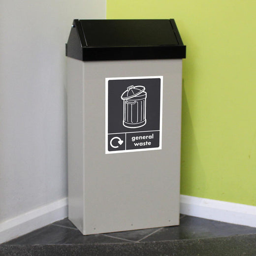 Black swing lid recycling bin with graphic to the centre of mushroom coloured body